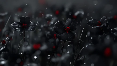 Midnight black flowers with red cores in soft rainfield.