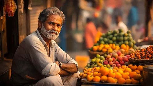 Photorealistic street vendor portrait with warm market lighting.
