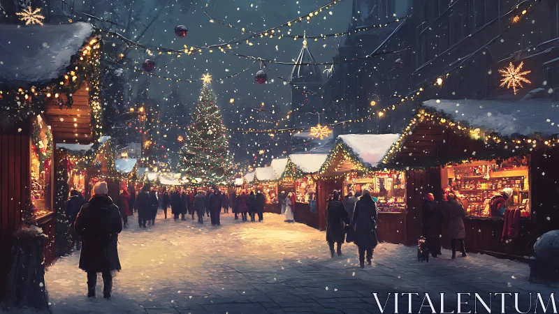Snowy Christmas market glows under warm festive lights.