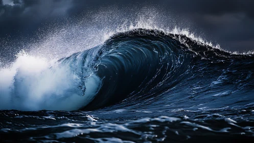 Storm-lit cresting wave with dramatic deep blue tonality.