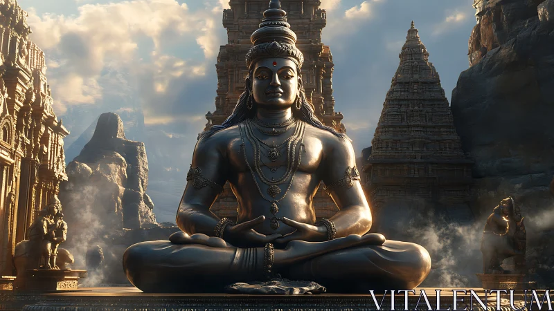 Large metallic deity statue sits before rocky temple towers