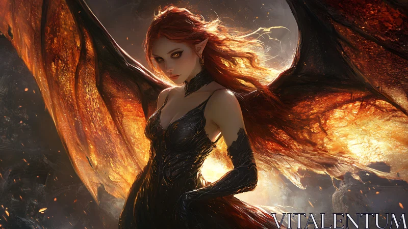 Winged female figure in molten light with dark attire.