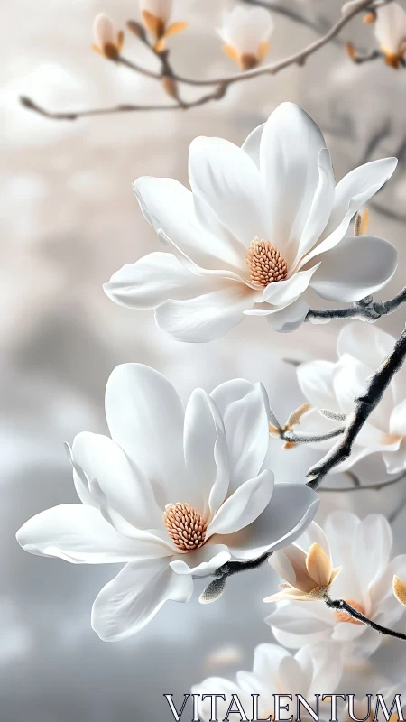 Magnolia flowers with conical stamens display layered petals in soft diffused spring light