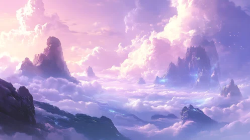 Dreamy pastel mountains rise gently above luminous clouds