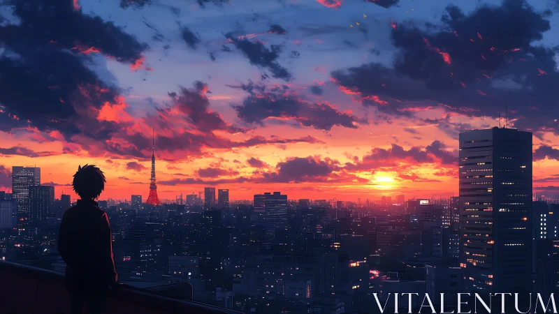 Anime cityscape sunset with silhouetted rooftop observer perspective.