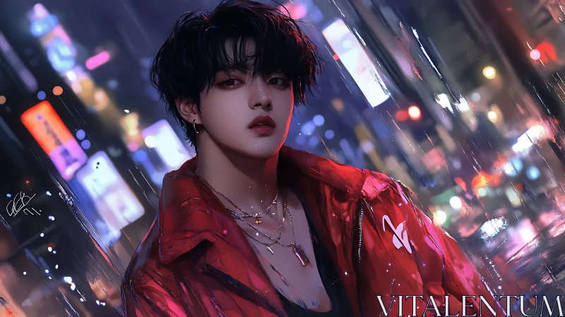 Moody digital portrait of young man in neon city night