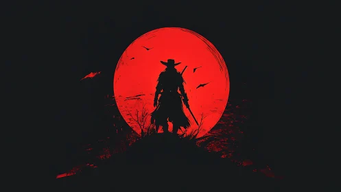 Lone wanderer outlined against a fierce crimson moon.