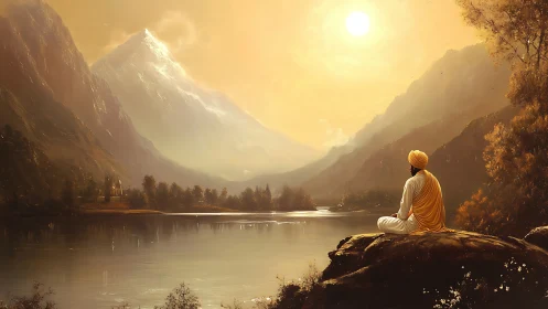 Solitary monk meditating beside golden mountain lake at dawn.