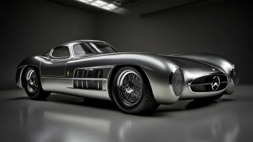 Streamlined silver coupé rendered with high-gloss studio lighting