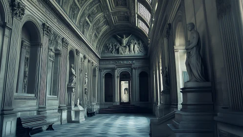 Grand classical hall with statues and vaulted ceiling interior