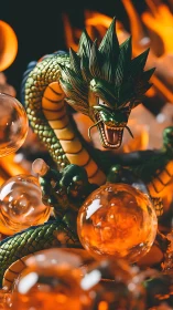 Emerald wish dragon surges through blazing crystal orbs