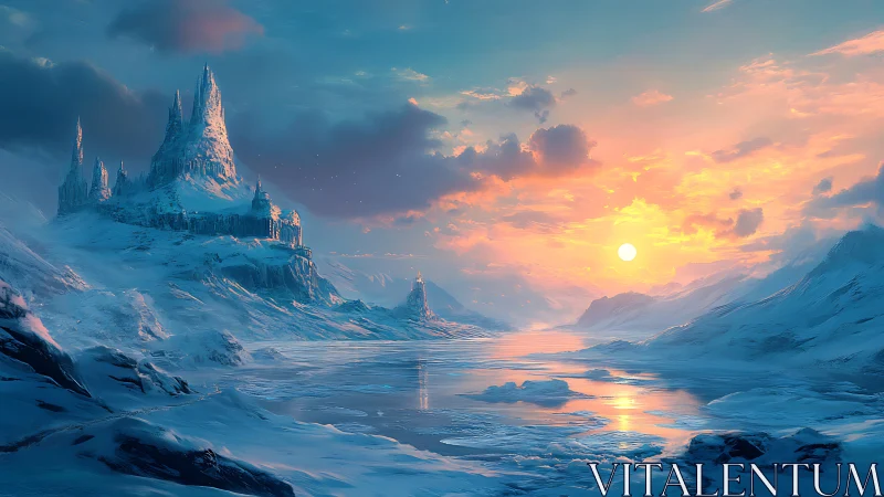 Frozen castle overlooks reflective ice under vivid sunset