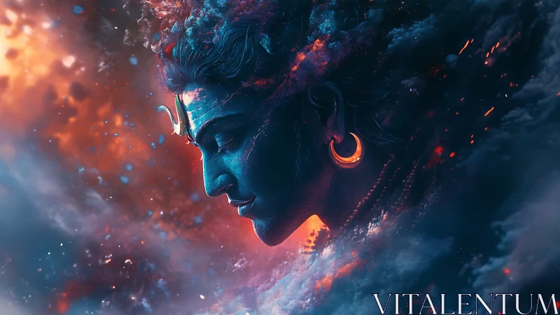 Divine blue visage emerges from cosmic fire and swirling mist.