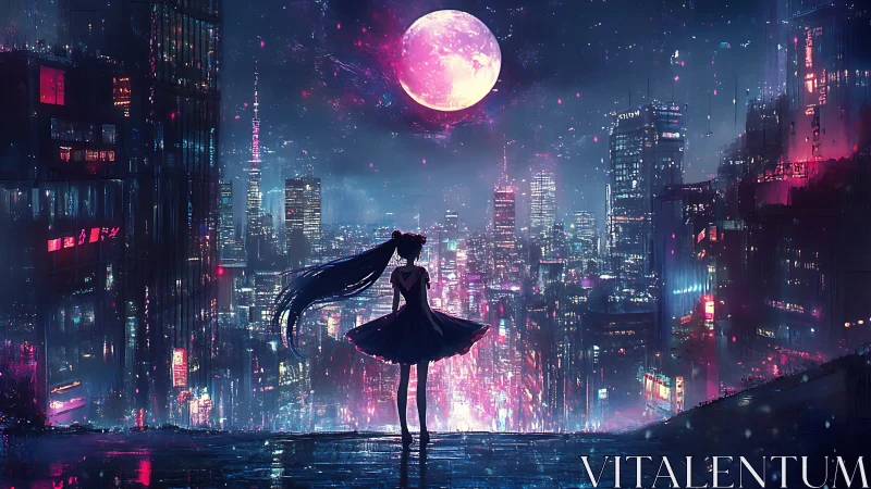 Silhouetted girl over neon cyberpunk city at full moon.