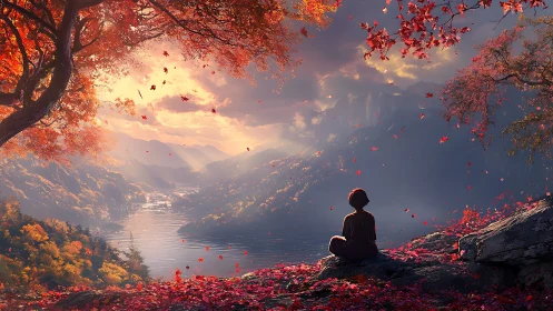 Solitary figure meditates above luminous autumn valley river