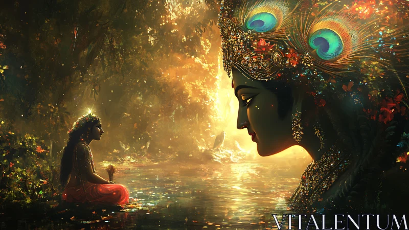 Divine feminine vision in luminous forest river tableau.