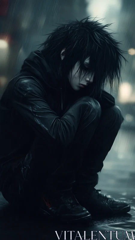 Solitary goth youth curls inward under relentless rain.
