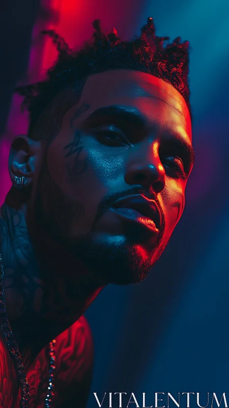 Neon-lit portrait of tattooed man in dramatic side glow.