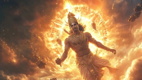 Celestial warrior deity amid stellar plasma vortex and clouds