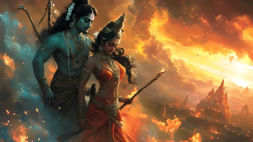 Divine warrior couple stride through blazing celestial skies