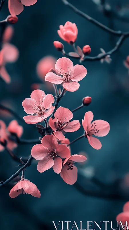 Pink Cherry Blossoms Against Deep Teal Background.