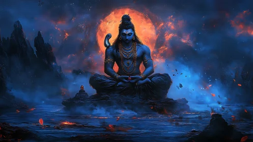 Blue figure in lotus posture before luminous orange disk.