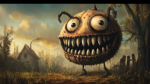 Rusty spherical monster with stitched carapace in rural marshland.