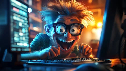 Cartoon hacker overloads glowing workstation in neon chaos.