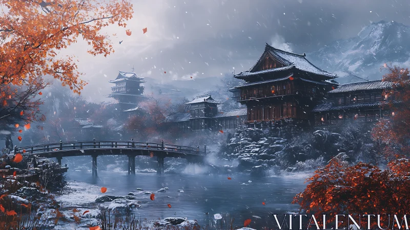 Snow covered riverside temple complex with arched bridge.