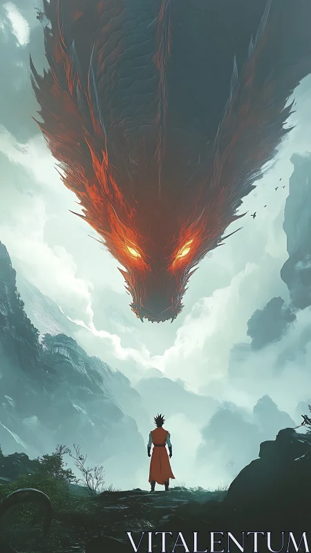 Colossal ember-lit dragon confronts lone warrior in misted ravine