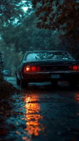 Rainy twilight drive with glowing vintage car taillights.