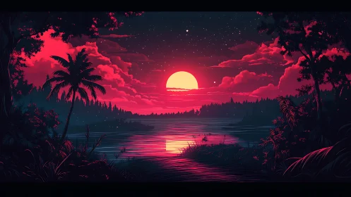 Neon pink sunset illuminates tropical lake and distant forest
