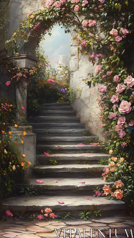 Secret garden stairway climbs into a quiet bloom-washed sky