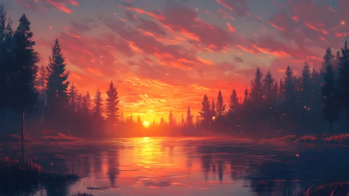 Sunset lake horizon under glowing ember sky panorama.