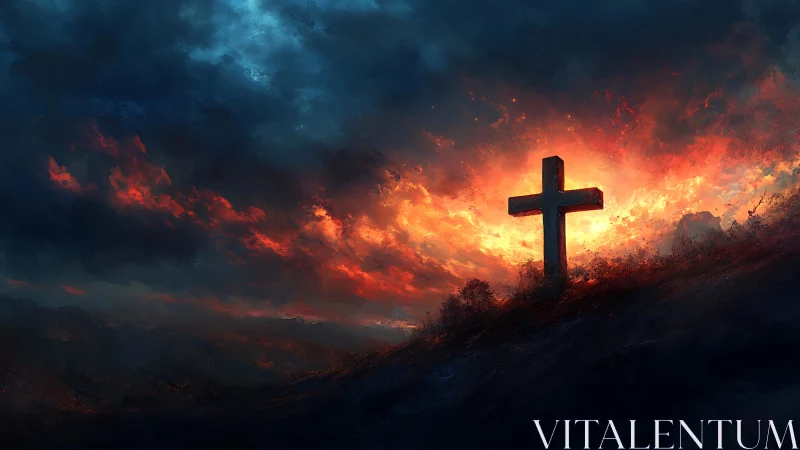 Fiery dusk halo crowns a lone hilltop cross in stormlight.