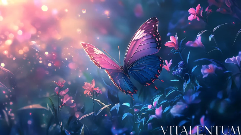 Bioluminescent butterfly rendered in high contrast bokeh meadow