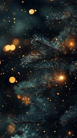 Gentle winter tree glows softly with golden holiday lights