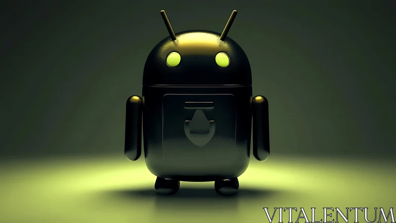 Android-style security robot glows under moody green lighting