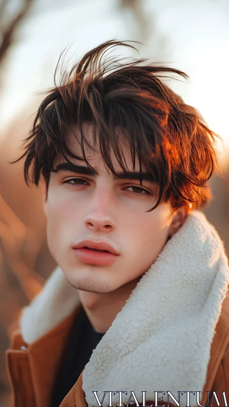 Young person in brown shearling jacket under warm light