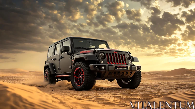 Off-road SUV crossing desert dunes under cloudy sunset.