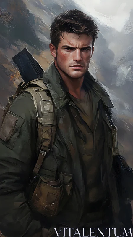 Battle-hardened ranger stands watch in cold mountain pass.