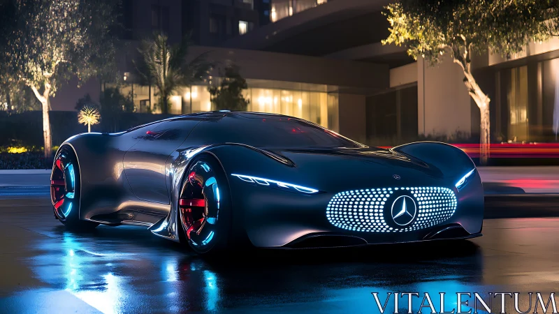 Futuristic Mercedes concept car with neon grille at night.
