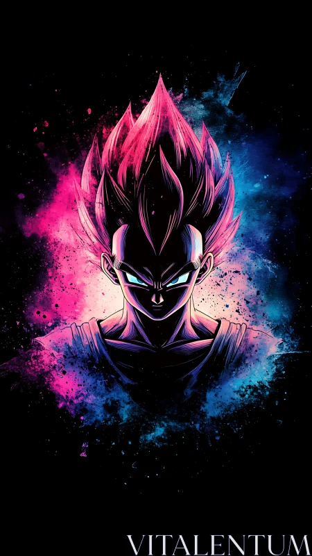 Electric neon warrior silhouette glows against cosmic void