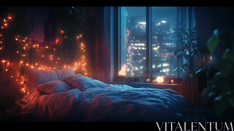 Cozy city-view bedroom glowing with fairy lights and calm night.