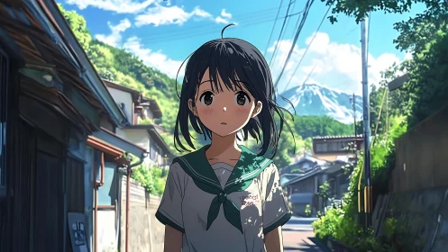 Summer street daydream with shy anime schoolgirl gaze.