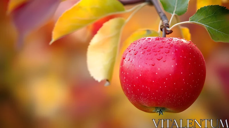 Macro close-up of dewy red apple against shallow bokeh backdrop