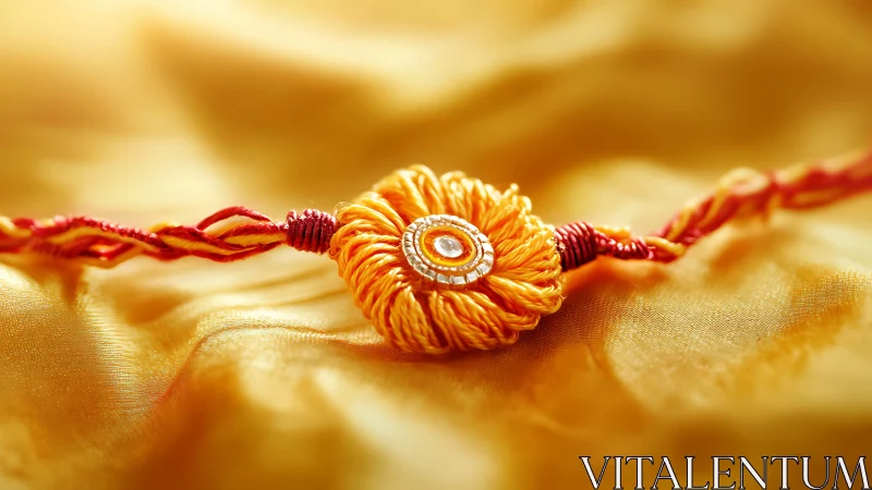 Golden rakhi bracelet rests softly on shimmering silk