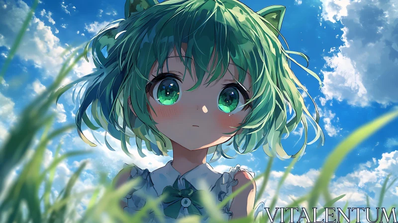 Green haired anime girl gazes upward under vivid blue sky