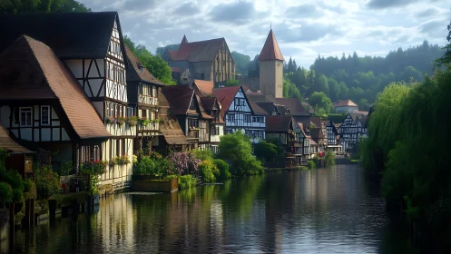 Riverside medieval village glows under soft morning light.