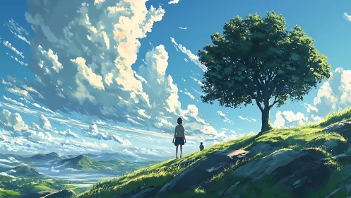 Expansive hillside sky scene with lone tree and two figures.